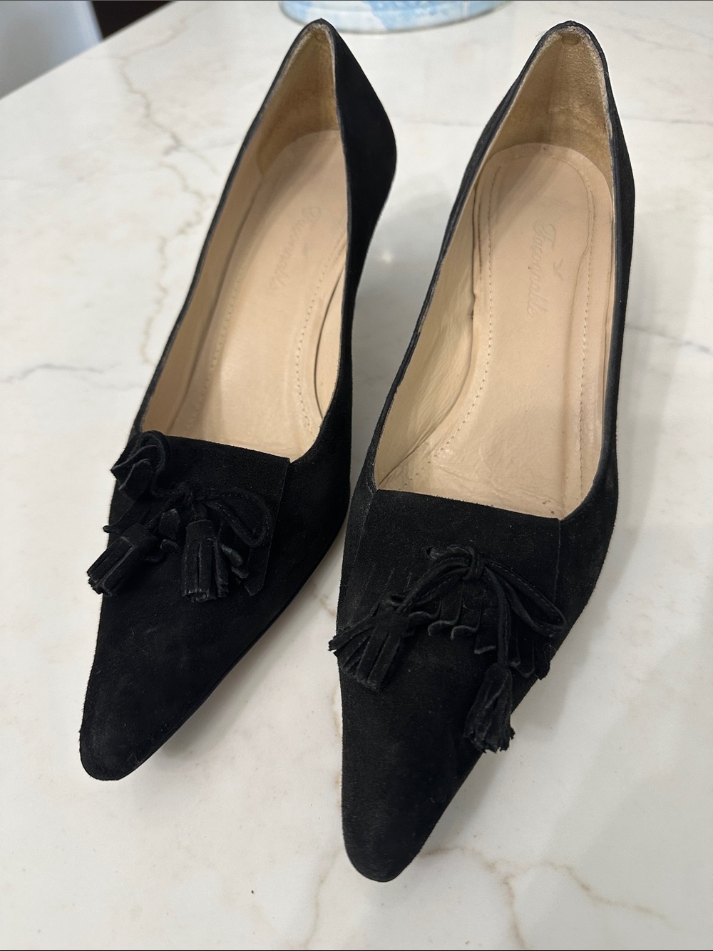 Faconnable Black Suede Pointed Toe Tassel Pumps